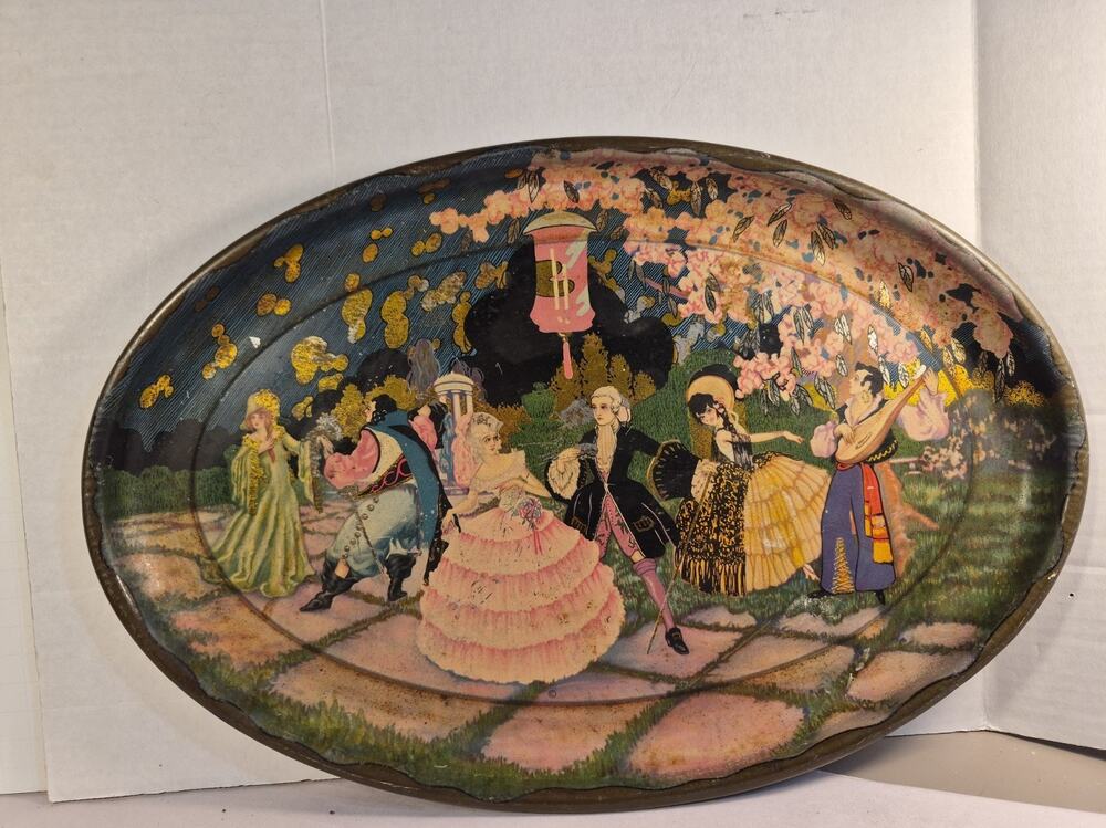 Victorian Litho TIN TRAY Oval Ballroom Dance Scene ANTIQUE 1920s